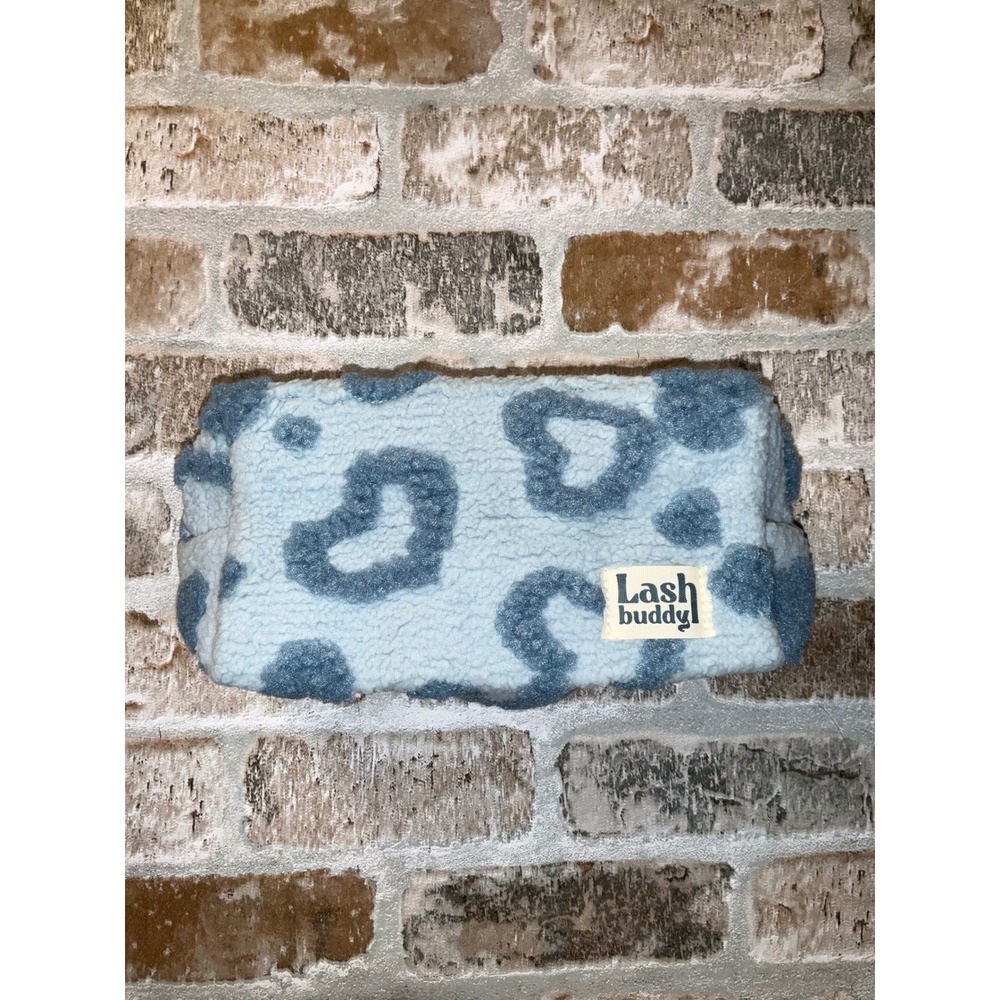 Lash Buddy Sherpa Fleece Makeup‎ Bag Blue Heart Leopard Print Cosmetic Pouch
